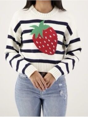 Freshman1996 Striped Cream & Navy Sweater with Red Strawberry Motif